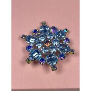 WEISS Rhinestone Brooch Starburst Snowflake Light Blue  AB Crystal, Signed 1950s